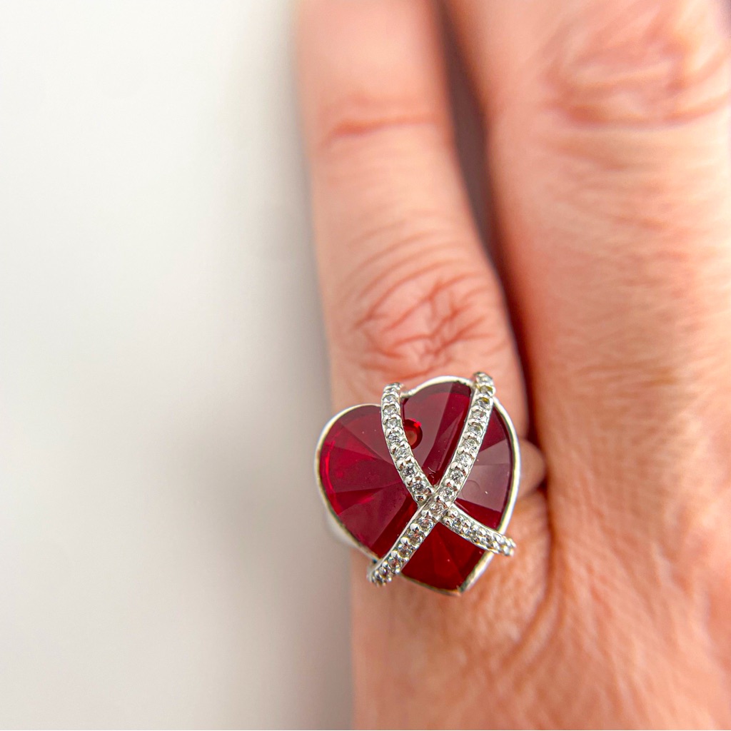 Sterling Silver Lab Created Ruby Heart Shaped Ring With Crisscrossed Cz. Size 5.